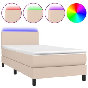 Κρεβάτι Boxspring Στρώμα&LED Καπουτσίνο 90x190 εκ. Συνθ. Δέρμα