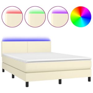 Κρεβάτι Boxspring με Στρώμα & LED Κρεμ 140x190 εκ. Συνθ. Δέρμα