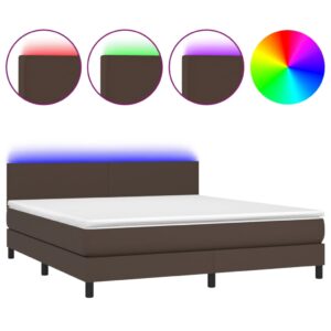 Κρεβάτι Boxspring με Στρώμα & LED Καφέ 160x200 εκ. Συνθ. Δέρμα