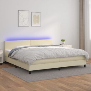 Κρεβάτι Boxspring με Στρώμα & LED Κρεμ 200x200 εκ. Συνθ. Δέρμα