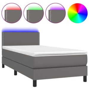 Κρεβάτι Boxspring με Στρώμα & LED Γκρι 80x200 εκ. Συνθ. Δέρμα