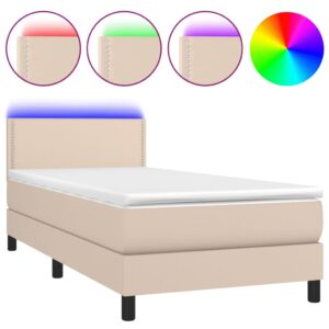 Κρεβάτι Boxspring Στρώμα&LED Καπουτσίνο 90x200 εκ. Συνθ. Δέρμα