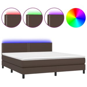 Κρεβάτι Boxspring με Στρώμα & LED Καφέ 160x200 εκ. Συνθ. Δέρμα