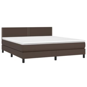 Κρεβάτι Boxspring με Στρώμα & LED Καφέ 160x200 εκ. Συνθ. Δέρμα