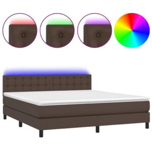 Κρεβάτι Boxspring με Στρώμα & LED Καφέ 160x200 εκ. Συνθ. Δέρμα