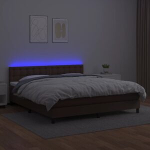 Κρεβάτι Boxspring με Στρώμα & LED Καφέ 160x200 εκ. Συνθ. Δέρμα