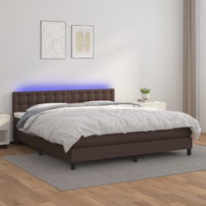 Κρεβάτι Boxspring με Στρώμα & LED Καφέ 160x200 εκ. Συνθ. Δέρμα