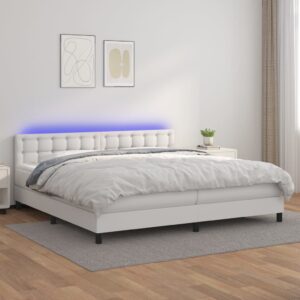 Κρεβάτι Boxspring με Στρώμα & LED Λευκό 200x200 εκ. Συνθ. Δέρμα