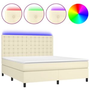 Κρεβάτι Boxspring με Στρώμα & LED Κρεμ 160x200 εκ. Συνθ. Δέρμα