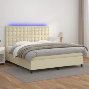 Κρεβάτι Boxspring με Στρώμα & LED Κρεμ 160x200 εκ. Συνθ. Δέρμα