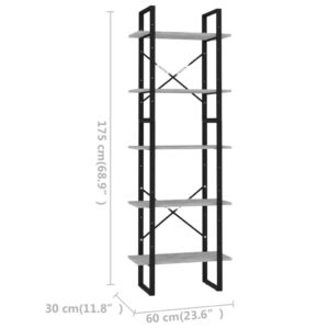 Βιβλιοθήκη με 5 Ράφια Γκρι Σκυροδέματος 60x30x175εκ Μοριοσανίδα