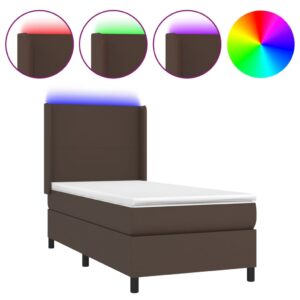 Κρεβάτι Boxspring με Στρώμα & LED Καφέ 90x200 εκ. Συνθ. Δέρμα