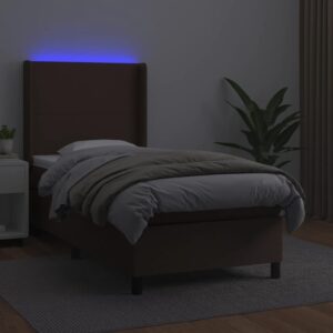 Κρεβάτι Boxspring με Στρώμα & LED Καφέ 90x200 εκ. Συνθ. Δέρμα