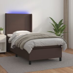 Κρεβάτι Boxspring με Στρώμα & LED Καφέ 90x200 εκ. Συνθ. Δέρμα