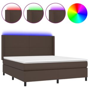 Κρεβάτι Boxspring με Στρώμα & LED Καφέ 180x200 εκ. Συνθ. Δέρμα