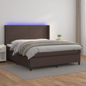 Κρεβάτι Boxspring με Στρώμα & LED Καφέ 180x200 εκ. Συνθ. Δέρμα