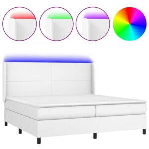 Κρεβάτι Boxspring με Στρώμα & LED Λευκό 200x200 εκ. Συνθ. Δέρμα