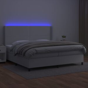 Κρεβάτι Boxspring με Στρώμα & LED Λευκό 200x200 εκ. Συνθ. Δέρμα