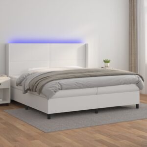 Κρεβάτι Boxspring με Στρώμα & LED Λευκό 200x200 εκ. Συνθ. Δέρμα