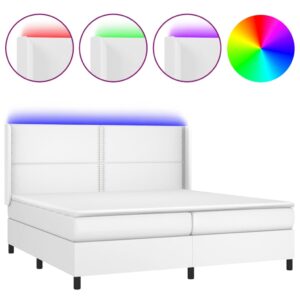 Κρεβάτι Boxspring με Στρώμα & LED Λευκό 200x200 εκ. Συνθ. Δέρμα