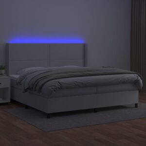 Κρεβάτι Boxspring με Στρώμα & LED Λευκό 200x200 εκ. Συνθ. Δέρμα