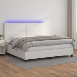 Κρεβάτι Boxspring με Στρώμα & LED Λευκό 200x200 εκ. Συνθ. Δέρμα