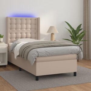 Κρεβάτι Boxspring Στρώμα&LED Καπουτσίνο 80x200 εκ. Συνθ. Δέρμα