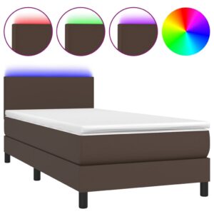 Κρεβάτι Boxspring με Στρώμα & LED Καφέ 90x200 εκ. Συνθ. Δέρμα