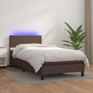 Κρεβάτι Boxspring με Στρώμα & LED Καφέ 90x200 εκ. Συνθ. Δέρμα