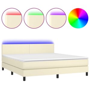 Κρεβάτι Boxspring με Στρώμα & LED Κρεμ 180x200 εκ. Συνθ. Δέρμα