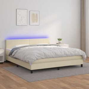 Κρεβάτι Boxspring με Στρώμα & LED Κρεμ 180x200 εκ. Συνθ. Δέρμα