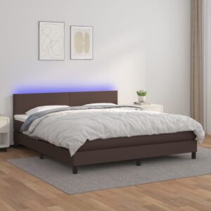 Κρεβάτι Boxspring με Στρώμα & LED Καφέ 180x200 εκ. Συνθ. Δέρμα