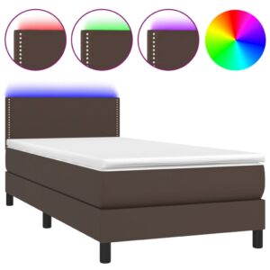 Κρεβάτι Boxspring με Στρώμα & LED Καφέ 90x200 εκ. Συνθ. Δέρμα