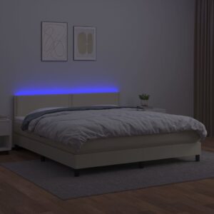 Κρεβάτι Boxspring με Στρώμα & LED Κρεμ 180x200 εκ. Συνθ. Δέρμα