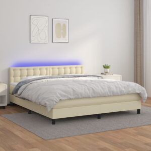 Κρεβάτι Boxspring με Στρώμα & LED Κρεμ 180x200 εκ. Συνθ. Δέρμα