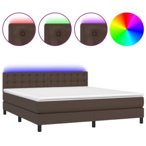 Κρεβάτι Boxspring με Στρώμα & LED Καφέ 180x200 εκ. Συνθ. Δέρμα