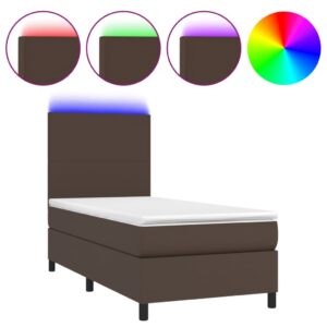 Κρεβάτι Boxspring με Στρώμα & LED Καφέ 90x200 εκ. Συνθ. Δέρμα