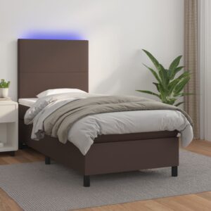 Κρεβάτι Boxspring με Στρώμα & LED Καφέ 90x200 εκ. Συνθ. Δέρμα