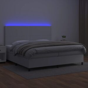 Κρεβάτι Boxspring με Στρώμα & LED Λευκό 200x200 εκ. Συνθ. Δέρμα