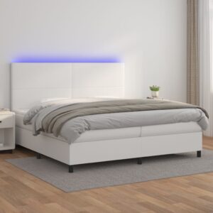 Κρεβάτι Boxspring με Στρώμα & LED Λευκό 200x200 εκ. Συνθ. Δέρμα