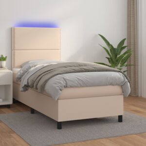 Κρεβάτι Boxspring Στρώμα&LED Καπουτσίνο 80x200 εκ. Συνθ. Δέρμα