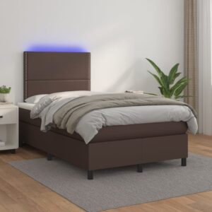 Κρεβάτι Boxspring με Στρώμα & LED Καφέ 120x200 εκ. Συνθ. Δέρμα