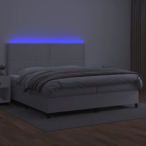 Κρεβάτι Boxspring με Στρώμα & LED Λευκό 200x200 εκ. Συνθ. Δέρμα