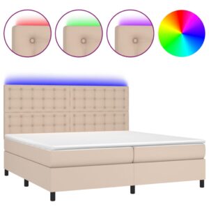 Κρεβάτι Boxspring Στρώμα&LED Καπουτσίνο 200x200 εκ. Συνθ. Δέρμα