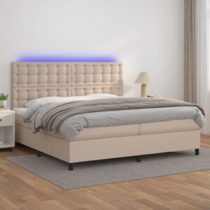 Κρεβάτι Boxspring Στρώμα&LED Καπουτσίνο 200x200 εκ. Συνθ. Δέρμα