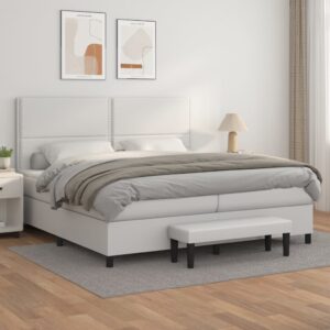 Κρεβάτι Boxspring με Στρώμα Λευκό 200x200 εκ. Συνθετικό Δέρμα