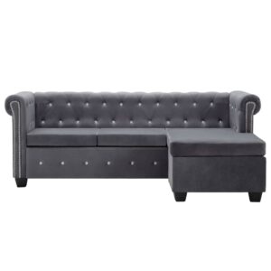 Καναπές Γωνιακός Chesterfield Γκρι 199x142x72 εκ. Βελούδινος