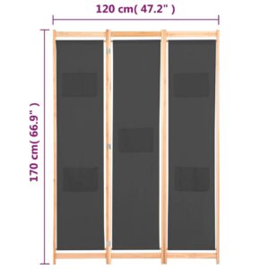 Διαχωριστικό Δωματίου με 3 Πάνελ Γκρι 120x170x4 εκ. Υφασμάτινο