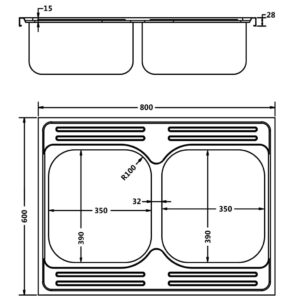 Νεροχύτης Διπλή Γούρνα Ασημί 800x600x155 χιλ. Ανοξείδωτο Ατσάλι