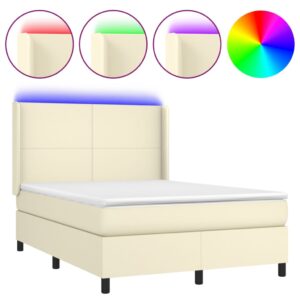 Κρεβάτι Boxspring με Στρώμα & LED Κρεμ 140x190 εκ. Συνθ. Δέρμα